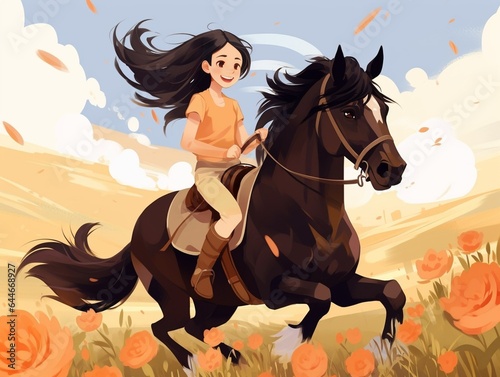Generative AI   Youthful Adventure  11-Year-Old Girl Riding a Brown Horse in Rural Countryside