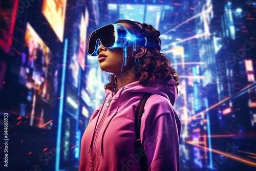 Generative AI : Woman in virtual reality goggle in neon colors.