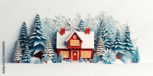 Generative AI : White cut papercrafts paper crafts detailed christmas cottage snow trees lights © The Little Hut