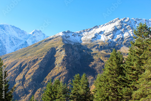 Pastoral landscape - green hillsides and high mountains with snowy peaks
