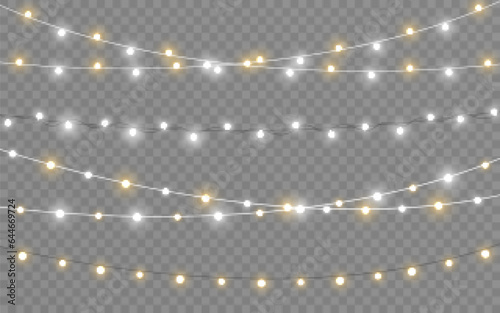 Christmas lights. Golden garlands with soft light. Glowing bulbs. Greeting card decoration. Silver lights for poster, invitation or website. Realistic holiday lamps. Vector illustration