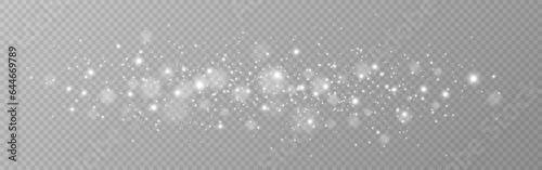 Silver sparks. White dust with soft light. Magic stardust wave. Glowing particles. Silver shine with bokeh effect. Starry beautiful design. Christmas glow. Vector illustration