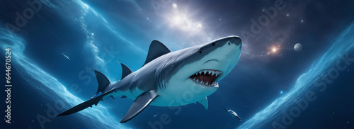 Shark swimming in outer space cosmos background from Generative AI © sevenSkies