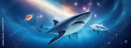 Shark swimming in outer space cosmos with planets background from Generative AI © sevenSkies