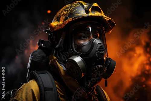Firefighter with gas mask and helmet