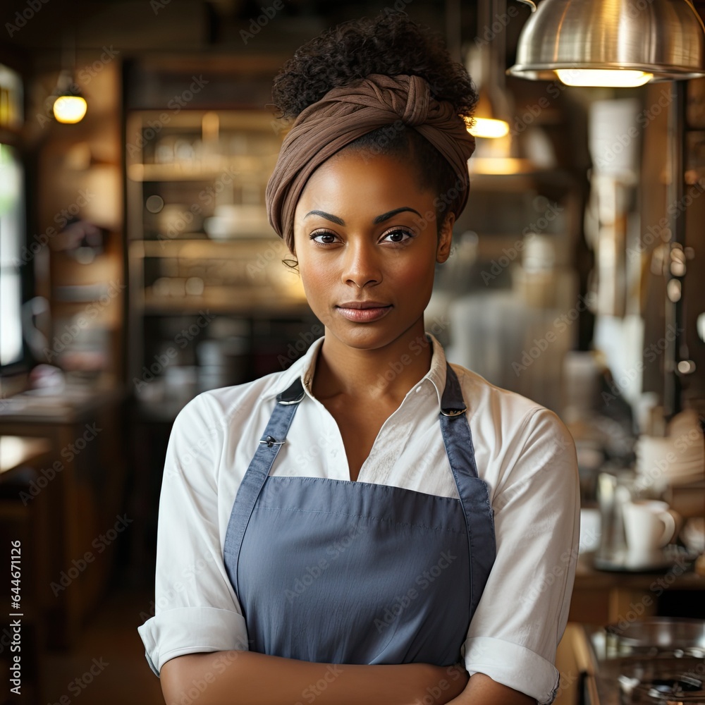 Portrait of woman african american chef in grey apron standing at restaurant kitchen with crossed arms Portrait of woman african american chef in grey apron standing at restaurant kitchen with crossed arms