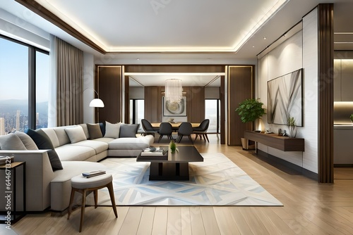 Modern living room and kitchen room interior  luxury house  villa  3d render. Modern living room