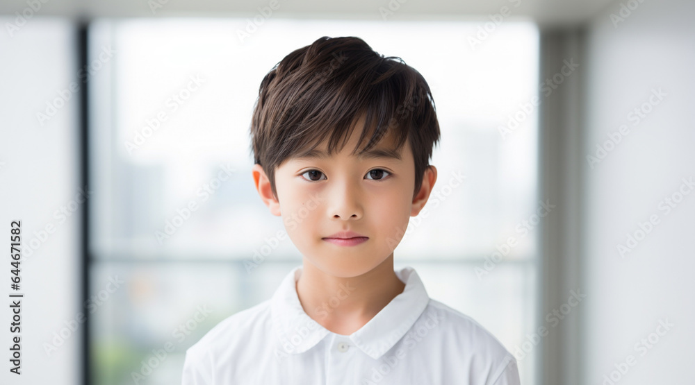 白く明るい窓を背景に、白い服を着て一人で写真に写る日本人の少年 白く明るい窓を背景に、白い服を着て一人で写真に写る日本人の少年