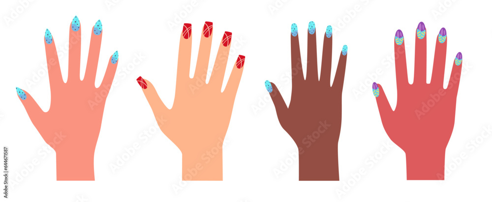 Vector set of beautiful woman hands isolated on white background. Flat illustration Vector set of beautiful woman hands isolated on white background. Flat illustration