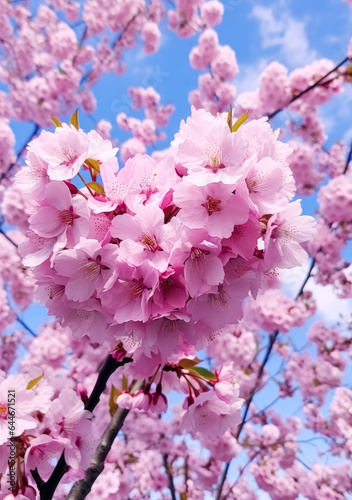 Cherry blossoms tree and petals with blue skies background. 