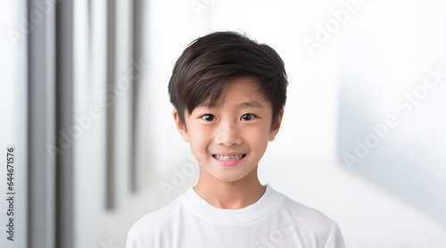 白く明るい窓を背景に、白い服を着て一人で写真に写る日本人の少年
