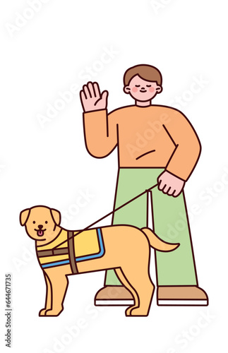 A blind man stands smiling with his guide dog. Cute style illustration with outlines.