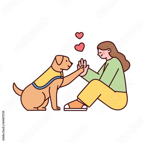 A guide dog and a woman are looking at each other with happy expressions. Cute style illustration with outlines.