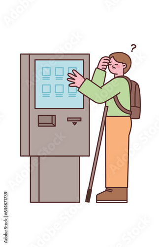 A blind man holding a cane is struggling in front of a kiosk. Cute style illustration with outlines.