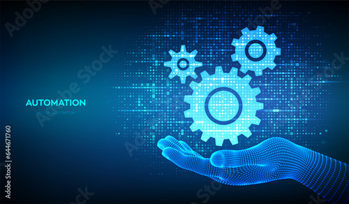 Automation and IOT software concept. Gears icons made with binary code in wireframe hand. Digital binary data and streaming digital code. Matrix background with digits 1.0. Vector Illustration.