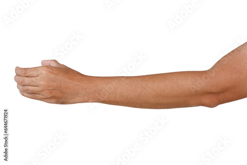 Male asian hand gestures isolated over the white background. Back side grab action.
