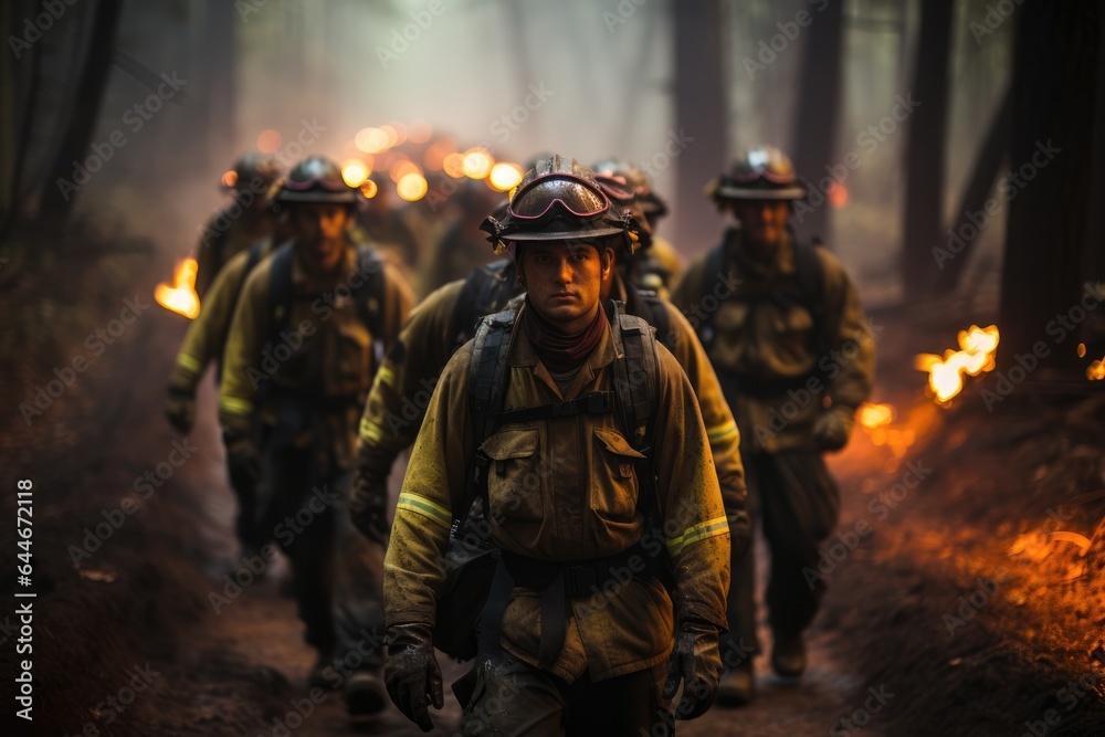 Fototapeta premium Team of fireman walking through fire on ground