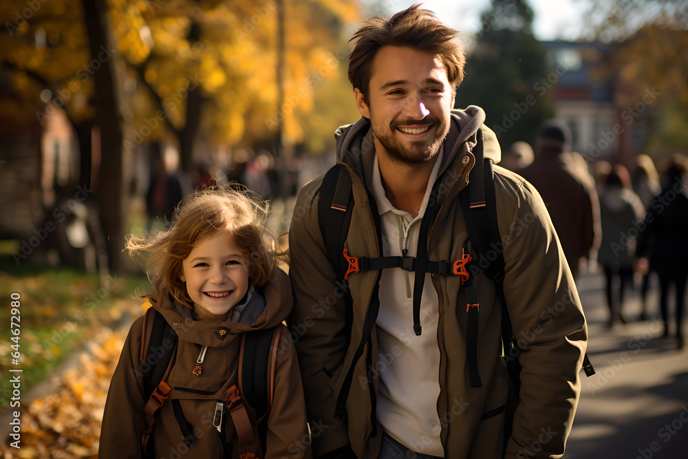Portrait of father and schoolboy smile going to school, Father supports and motivates son on his first day of school Portrait of father and schoolboy smile going to school, Father supports and motivates son on his first day of school