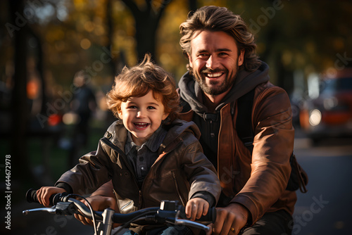 Happy father teaches child son riding bicycles, proud father helping and supporting his child while cycling outside