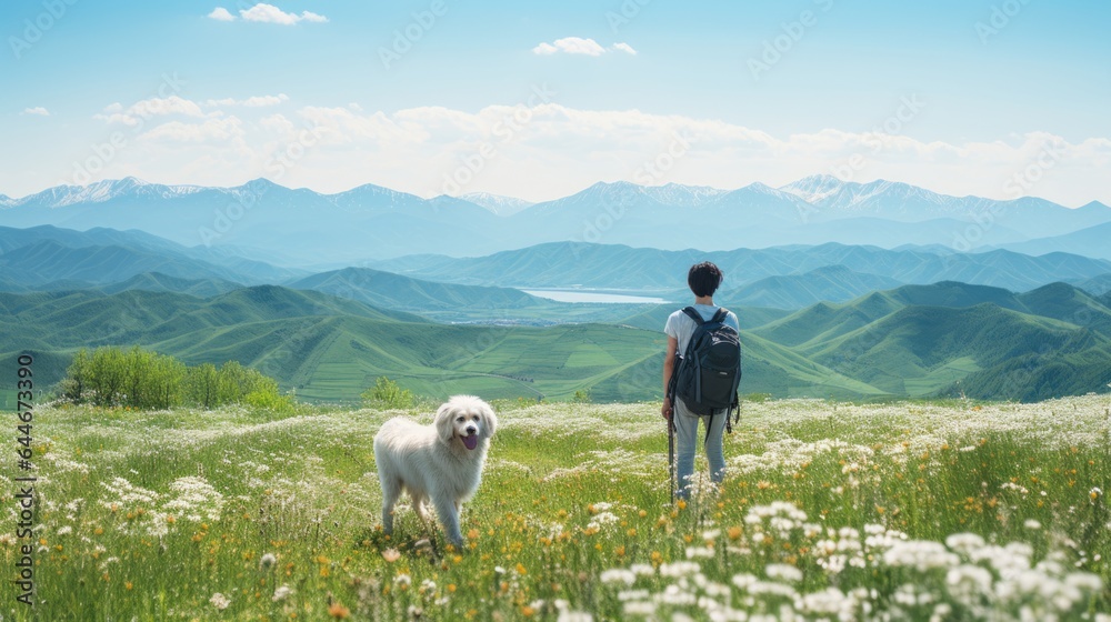 Naklejka premium A backpacker travels with dog on vacation.