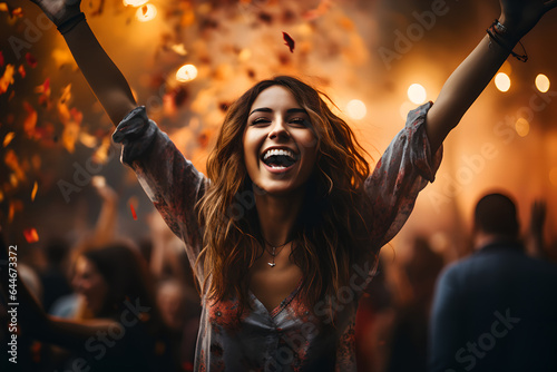 Beautiful young woman in an audience dancing and cheering enjoying their favorite bands performance at festival concert