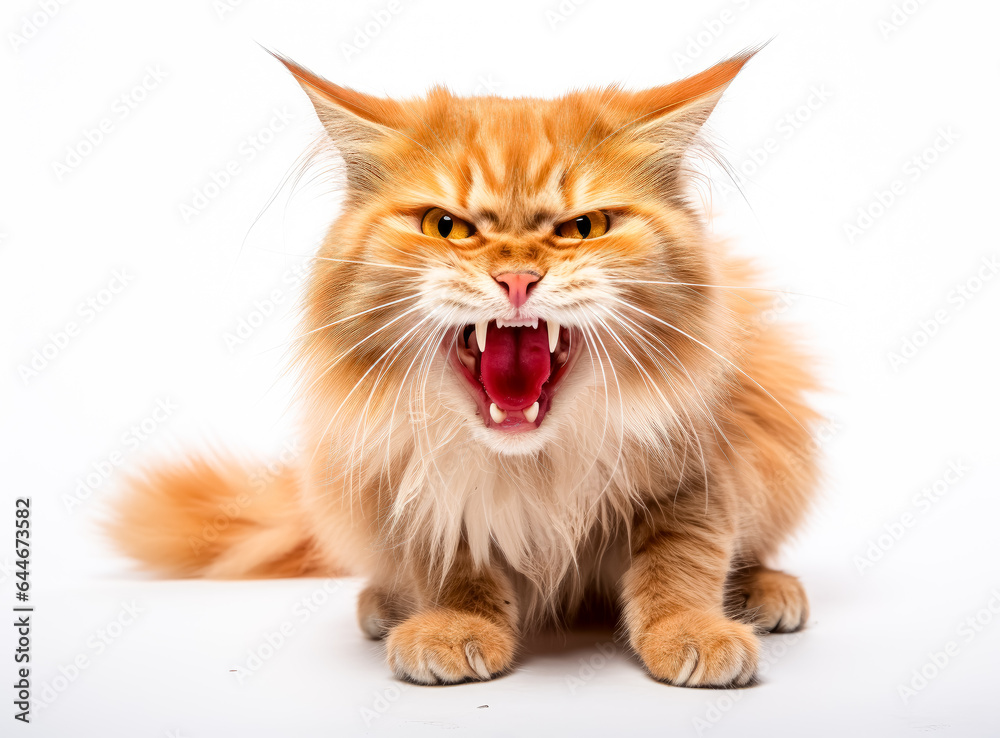 Angry orange cat screaming with its mouth wide open. Angry kitten