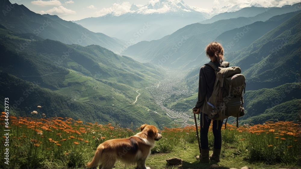 A backpacker travels with dog on vacation.