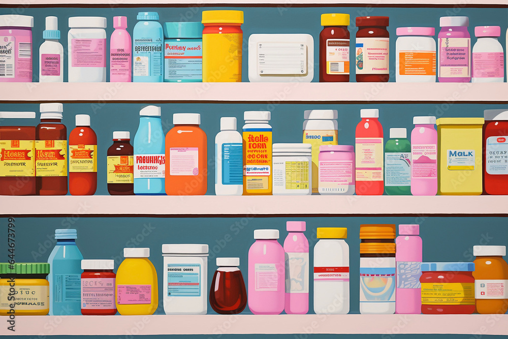 Colorful Medicine Bottles on a Shelf Colorful Medicine Bottles on a Shelf