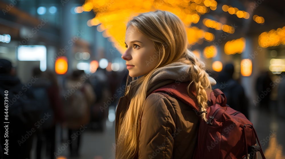 Obraz premium Portrait of Young woman standing on at metro station, Beautiful blonde female in the metro station