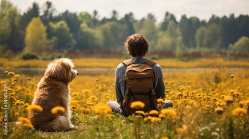 A backpacker travels with dog on vacation.