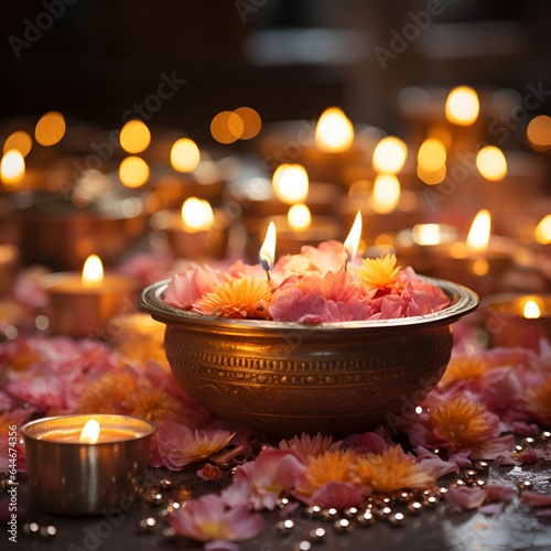 beautiful diya clay lamp with indian style motif on diwali celebration