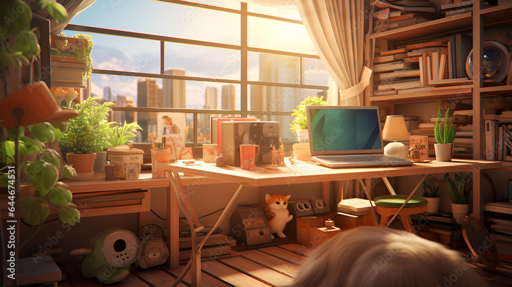 lofi living room with study table, anime style Stock Illustration ...