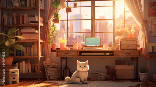 lofi living room with study table, anime style