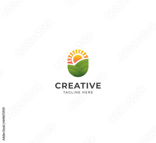 Agriculture logo and farming logo, Sunset, Sunrise logo. Agribusiness, Eco-farm and rural country, vector design. Farm industries and agronomy logo design.