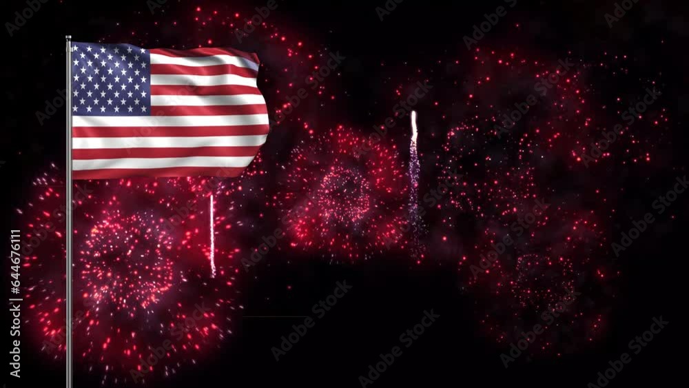 American Flag Background with flagpole and fireworks. USA Flag Waving ...