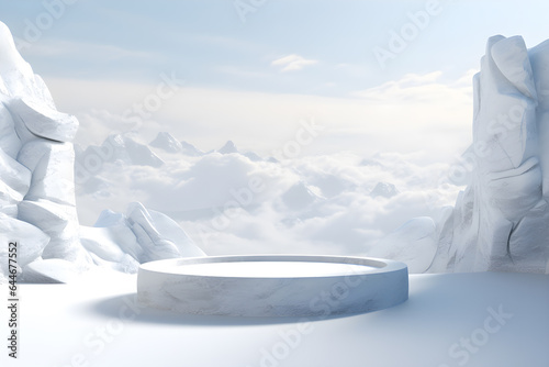 3D White stone podium minimal product display pedestal rock with mountains landscape snow winter scene, ai generate