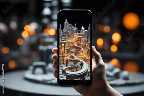 Augmented Reality Smartphone Experience. Virtual objects seamlessly blend with the real world, demonstrating the concept of AR technology in action. photo