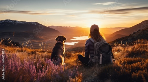 A backpacker travels with dog on vacation.