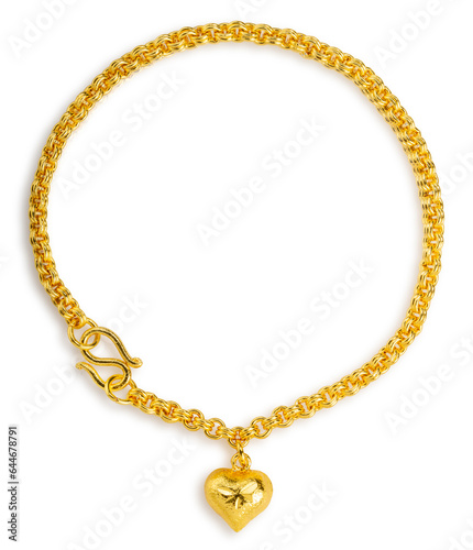 Gold bracelet with gold heart shaped pendant isolated on white background, Gold bracelet on White Background With clipping path.
