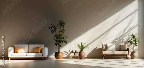 minimalist living room space with beautiful green potplant indoor plants growing in the sunlight, sofa and chair, and a sense of lightfilled space