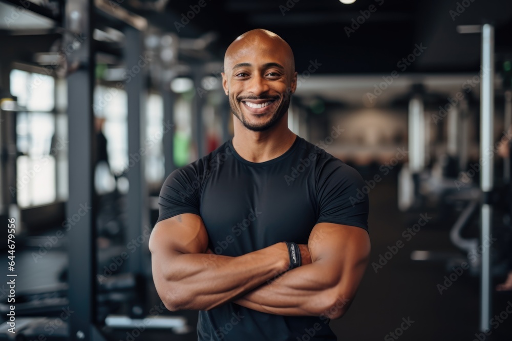 Smiling portrait of a happy young male african american fitness instructor in an indoor gym Smiling portrait of a happy young male african american fitness instructor in an indoor gym