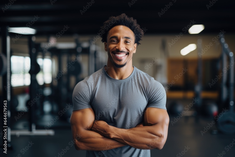 Smiling portrait of a happy young male african american fitness instructor in an indoor gym