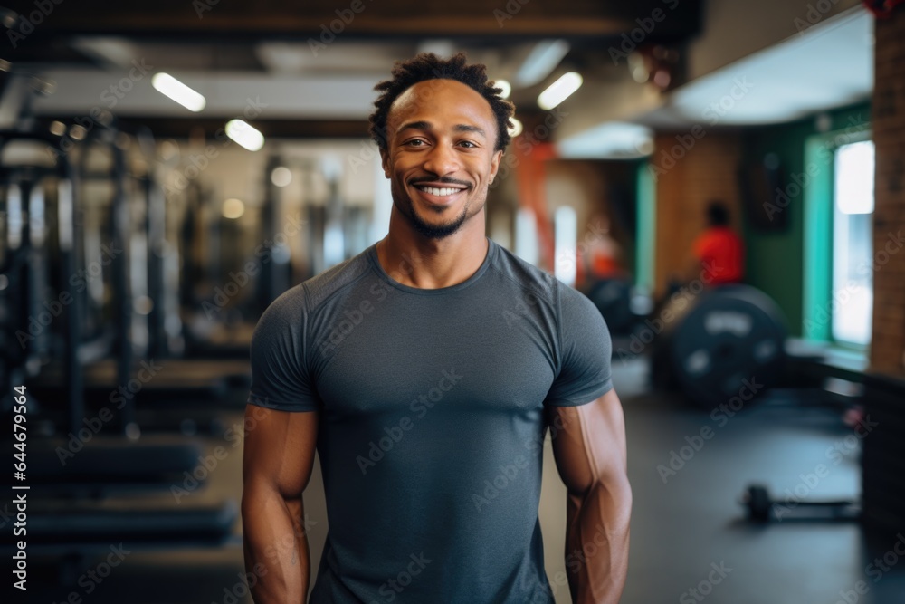 Smiling portrait of a happy young male african american fitness instructor in an indoor gym Smiling portrait of a happy young male african american fitness instructor in an indoor gym
