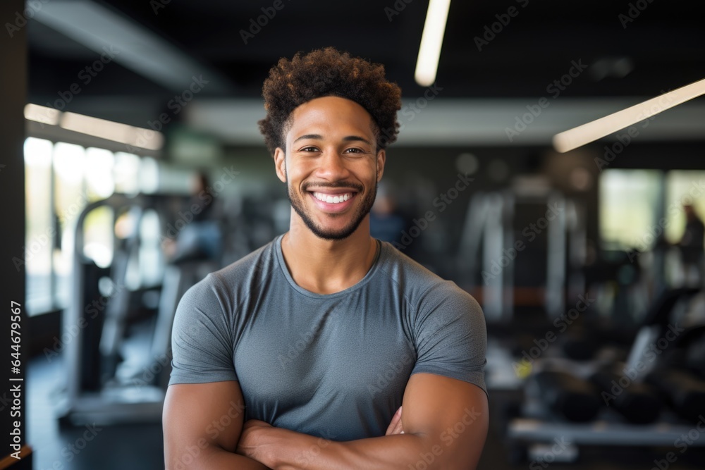 Fototapeta premium Smiling portrait of a happy young male african american fitness instructor in an indoor gym