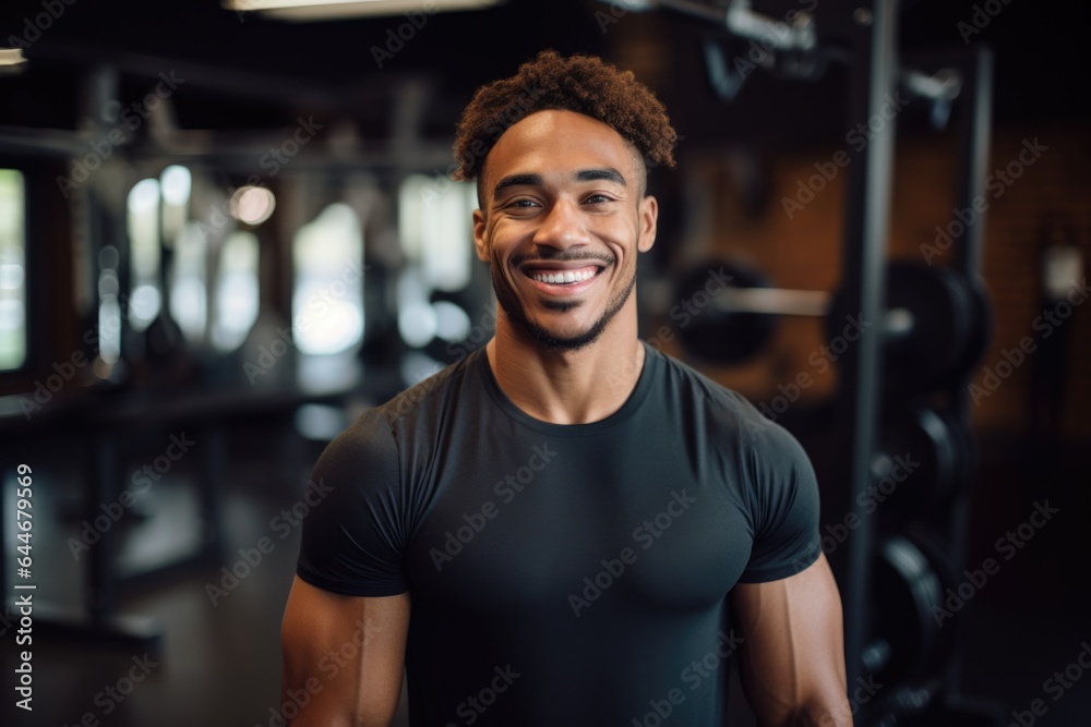 Smiling portrait of a happy young male african american fitness instructor in an indoor gym