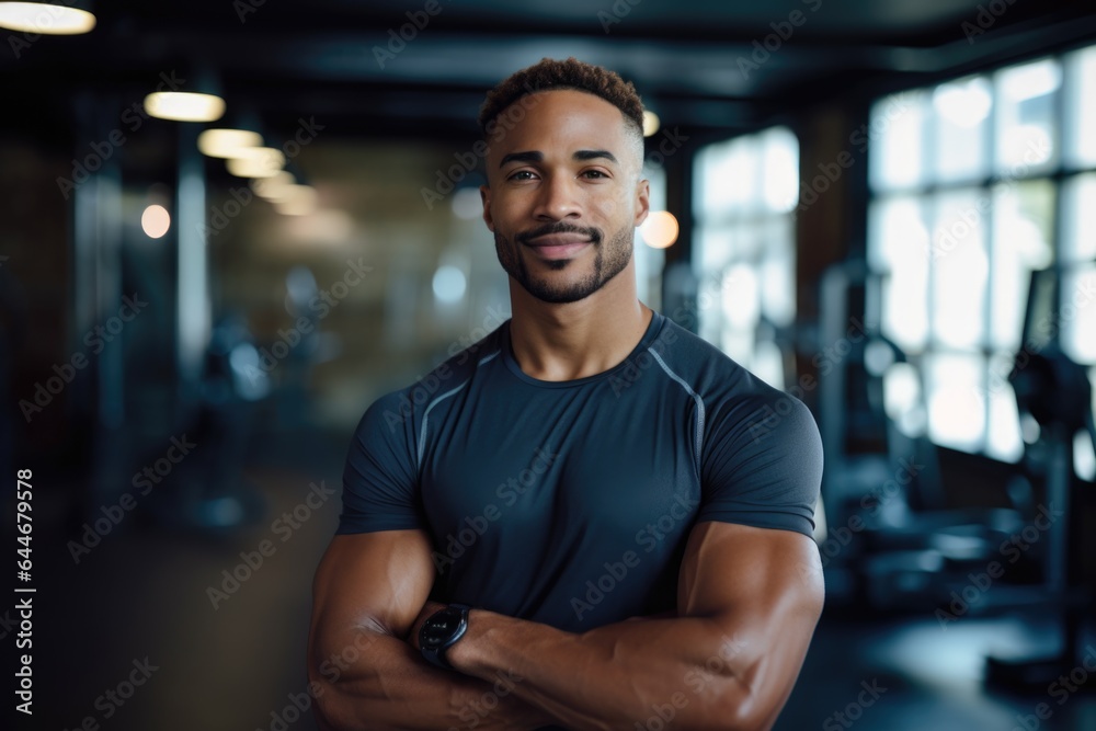 Smiling portrait of a happy young male african american fitness instructor in an indoor gym Smiling portrait of a happy young male african american fitness instructor in an indoor gym