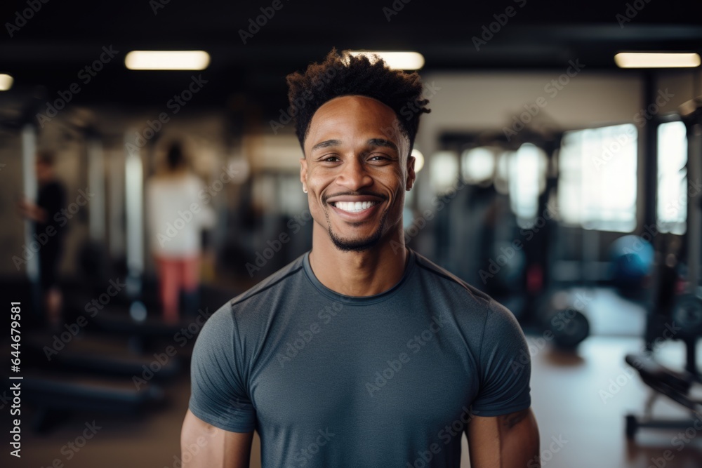 Smiling portrait of a happy young male african american fitness instructor in an indoor gym Smiling portrait of a happy young male african american fitness instructor in an indoor gym