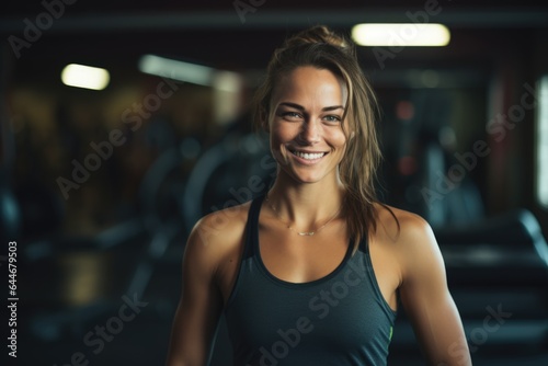 Smiling portrait of a happy young female caucasian fitness instructor working in an indoor gym