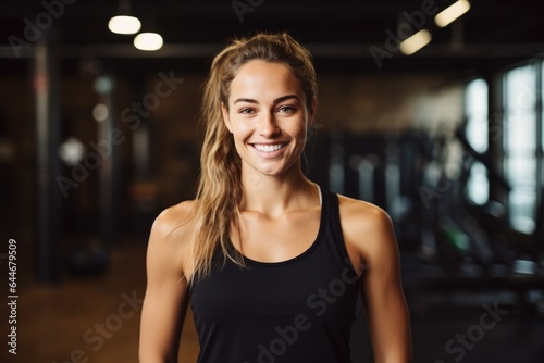 Smiling portrait of a happy young female caucasian fitness instructor working in an indoor gym © Baba Images
