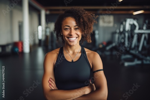 Smiling portrait of a happy young female african american fitness instructor working in an indoor gym © Baba Images